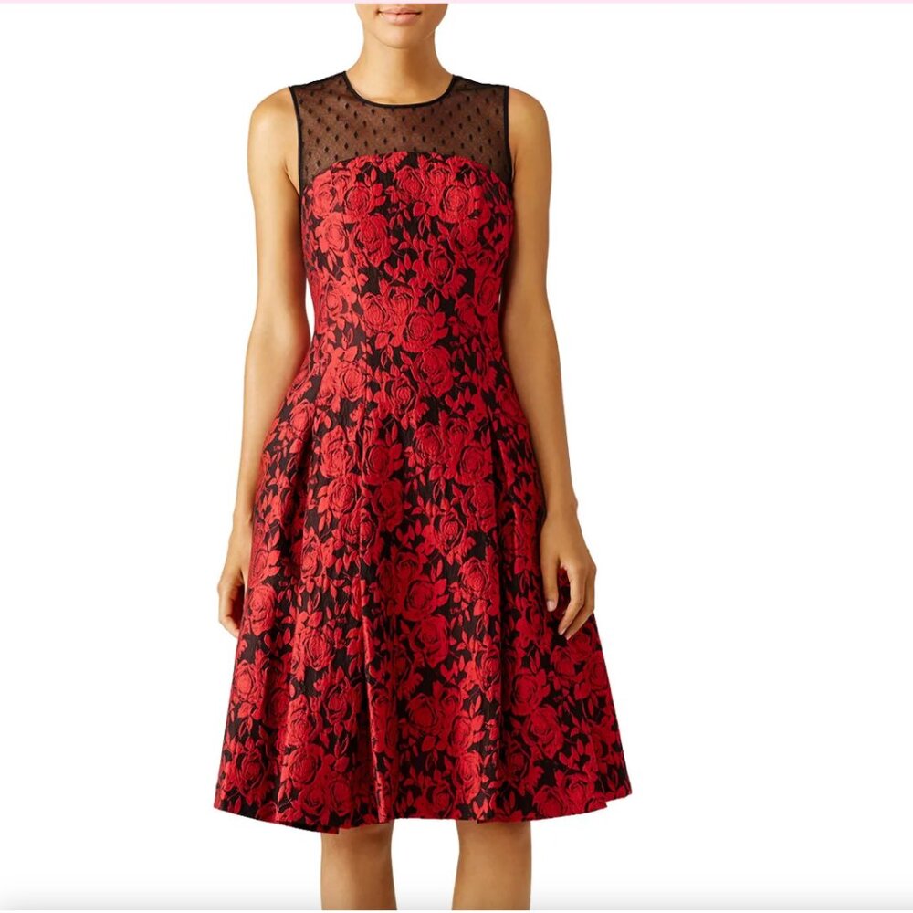 Carmen Marc Valvo Red Black Floral & Swiss Dot Midi A-Line Dress Size 8